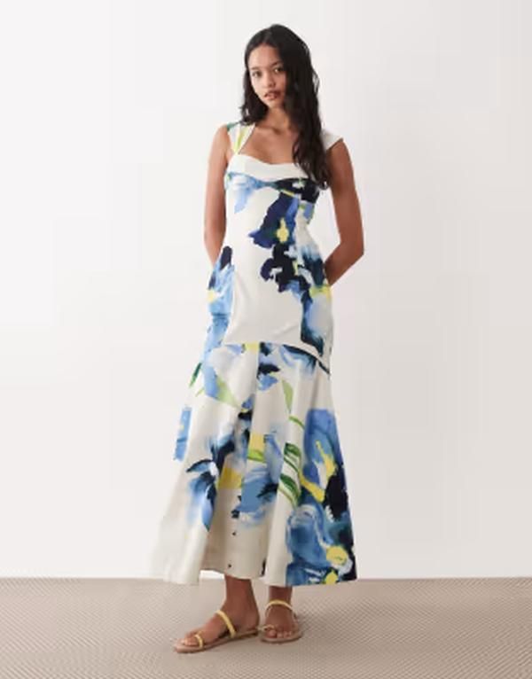 エイソス レディース トップス ワンピース フラワー柄 プリント マキシ フラワー ASOS DESIGN dropped waist maxi dress with tie back abstract floral print Blue abstract f