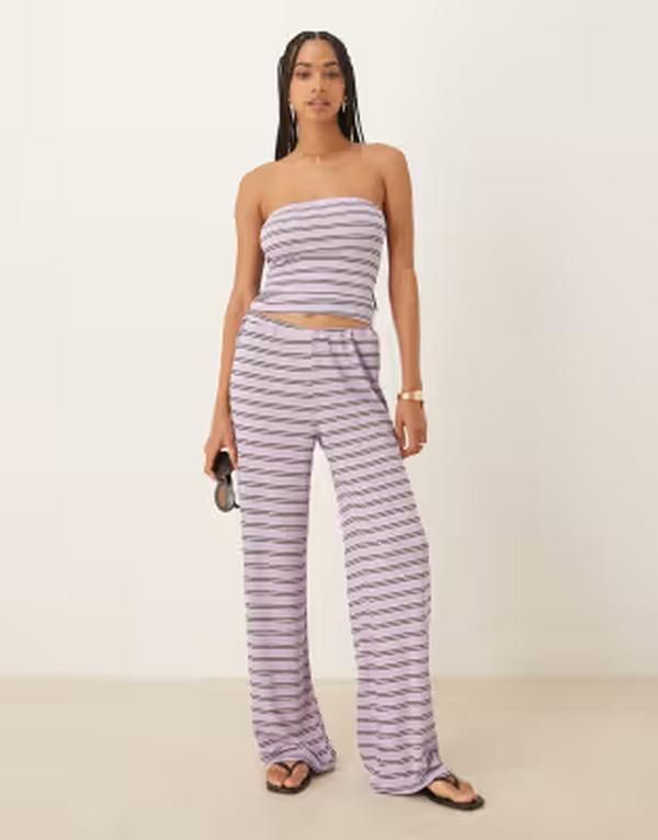 エイソス レディース ボトムス カジュアルパンツ ワイドレッグ ASOS DESIGN wide leg pants in lilac stripe part of a set LILAC ライラック