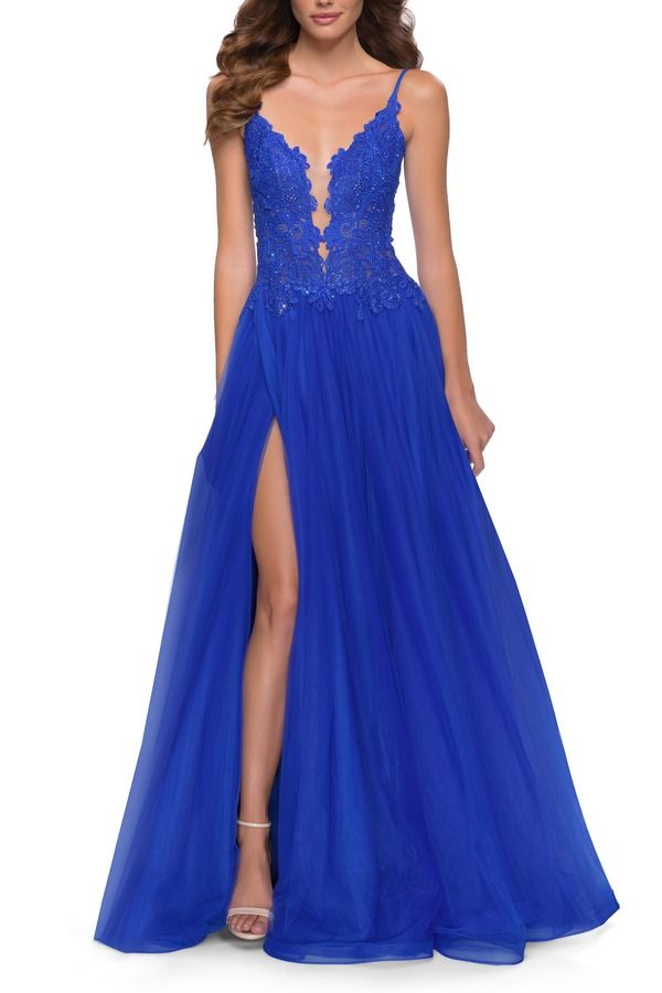 ラフェム レディース トップス ワンピース チュール A ライン レース La Femme Tulle A Line Gown with Lace Rhinestone Bodice Royal Blue ブルー