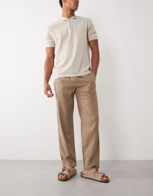 スリードベア メンズ ボトムス カジュアルパンツ リネン Threadbare pull on linen look straight fit pants in taupe トープ