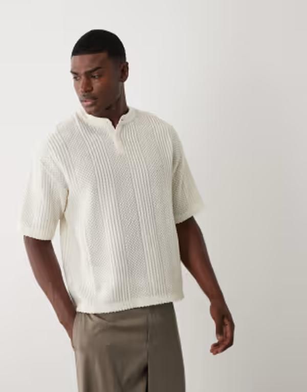 エイソス メンズ トップス Tシャツ ASOS DESIGN boxy oversized Henley Tshirt in cream textured fabricoconut milk クリーム