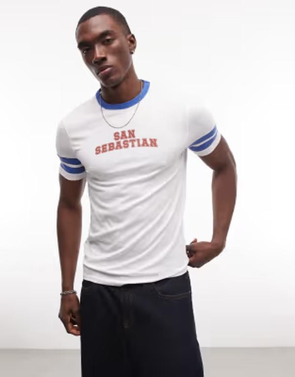 エイソス メンズ トップス Tシャツ グラフィック ASOS DESIGN muscle ringer Tshirt with San Sebastian graphic WHITE ホワイト