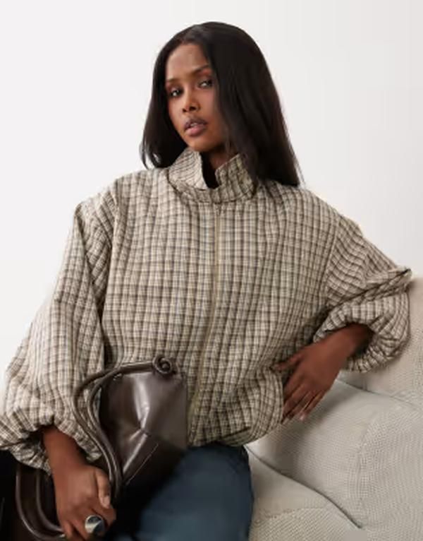 エイソス レディース アウター ジャケット・ブルゾン スタンドネック ASOS DESIGN casual harrington jacket with funnel neck in plaid BROWN MICRO CHECK ブラウン 26,460円