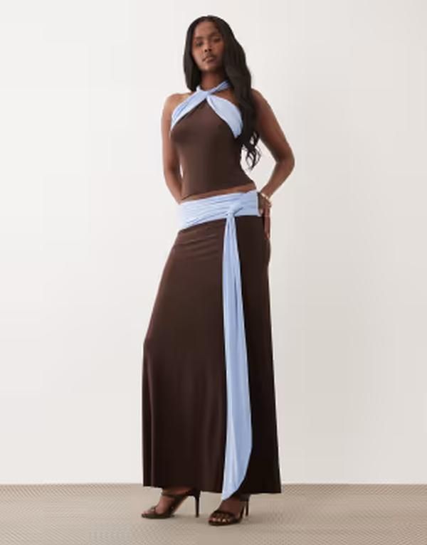エイソス レディース ボトムスカート コントラスト マキシ ASOS DESIGN softouch contrast sash waist maxi skirt in chocolate part of a set Chocolate チョコレート