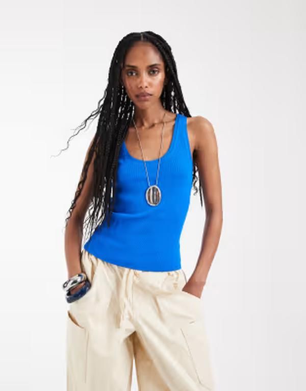 マンゴ レディース トップス ベスト コットン Mango cotton rich scoop neck tank top BLUE ブルー