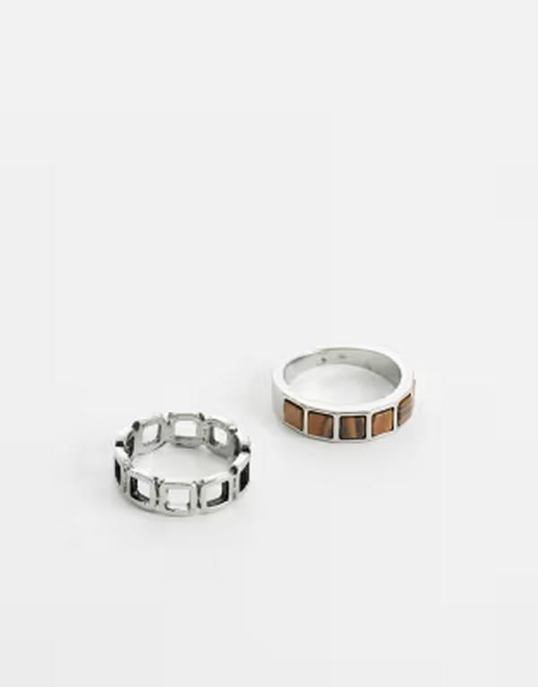 エイソス メンズ アクセサリー リング ASOS DESIGN 2 pack open chain link and faux tigers eye stone ring SILVER シルバー