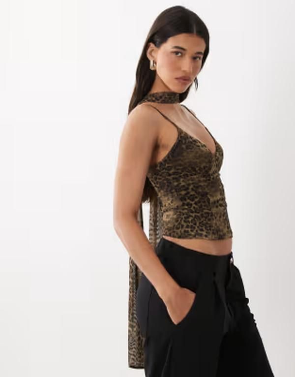 エイソス レディース トップス シャツ プリント メッシュ ASOS DESIGN printed mesh cami top with scarf detail in leopard print leopard アニマル