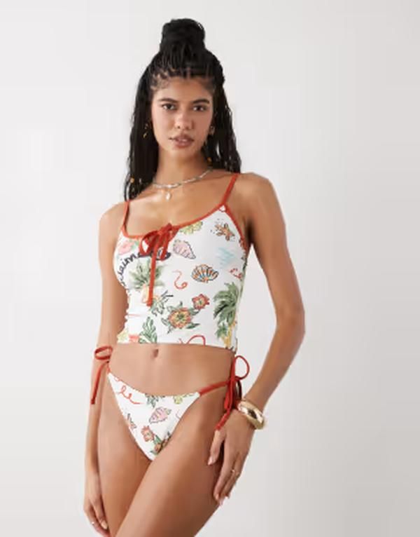 リクレイム ヴィンテージ レディース 水着 ボトムスのみ プリント Reclaimed Vintage tie side bikini bottom in retropical postcard print floral print