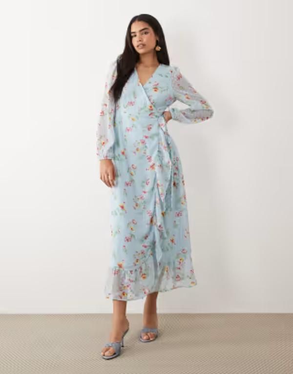 ヴィラ レディース トップス ワンピース フラワー柄 プリント マキシ フラワー VILA textured wrap maxi dress with frill detailing in light blue floral print Nantucket b