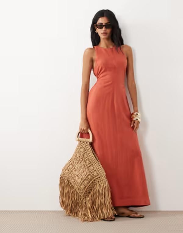 エイソス レディース トップス ワンピース オープンバック リネン マキシ ASOS DESIGN premium 100 linen waisted maxi dress with open back in terracotta テラコッタ