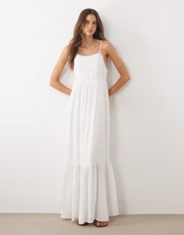 マンゴ レディース トップス ワンピース ティアード Tシャツ マキシ Mango Teen tiered strappy maxi dress with embellished trim WHITE ホワイト