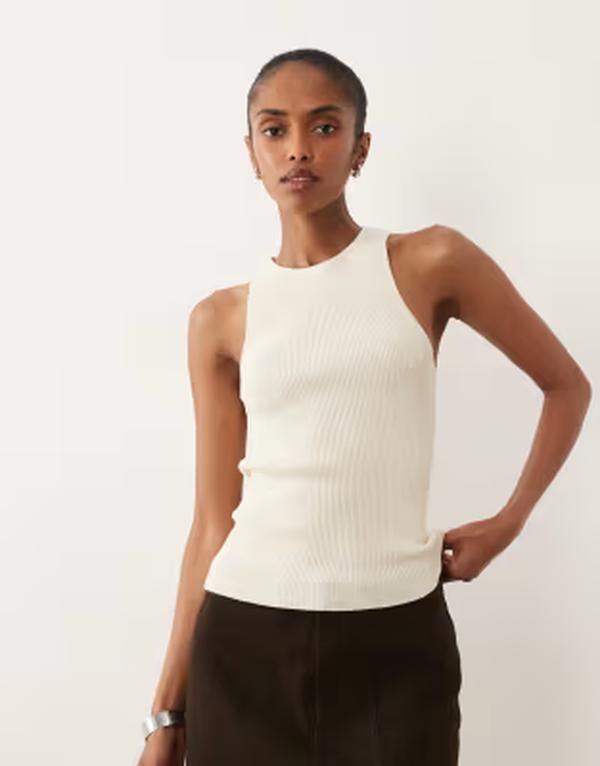 マンゴ レディース トップス ベスト コットン Mango cotton mix racer tank top in cream BEIGE ベージュ