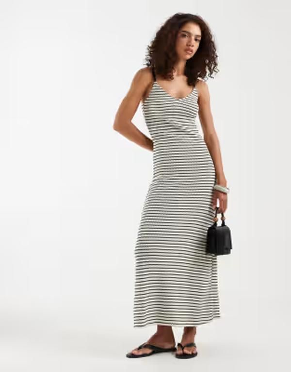ヴェロモーダ レディース トップス ワンピース ニット マキシ Vero Moda stretch crochet knit cami maxi dress and cream stripe BIRCH BLACK ブラック
