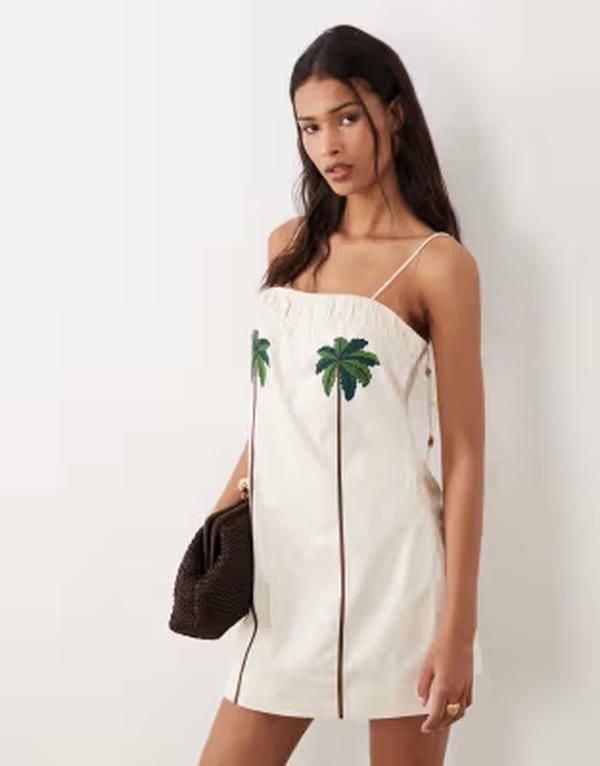 エイソス レディース トップス ワンピース ミニ ASOS DESIGN mini dress with palm treembroidery WHITE ホワイト