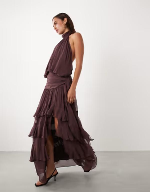マンゴ レディース トップス ワンピース 背中開き ハイネック フリル マキシ Mango high neck backless ruffle maxi dress BROWN ブラウン