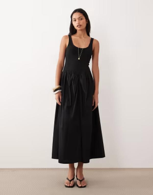 エイソス レディース トップス ワンピース ミディ スカート ASOS DESIGN basque waist midi dress with woven skirt Black ブラック