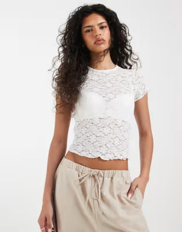 オンリー レディース トップス Tシャツ レース ONLY lace detail Tshirt WHITE ホワイト