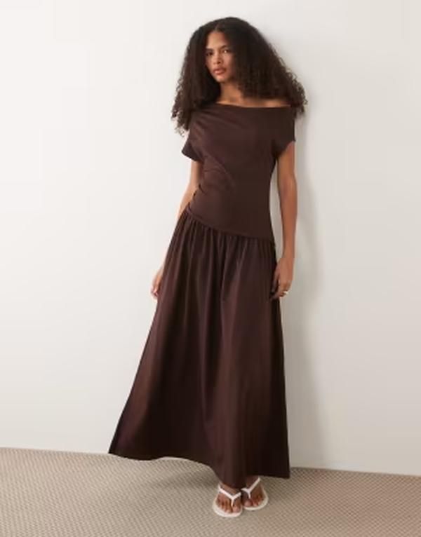 エイソス レディース トップス ワンピース マキシ ASOS DESIGN off the shoulder dropped waist maxi dress in chocolate チョコレート