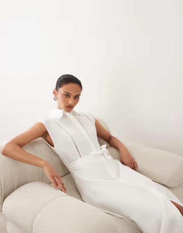 マンゴ レディース トップス ワンピース ミディ ノースリーブ リネン Mango 100 linen sleeveless midi dress ECRU エクリュ