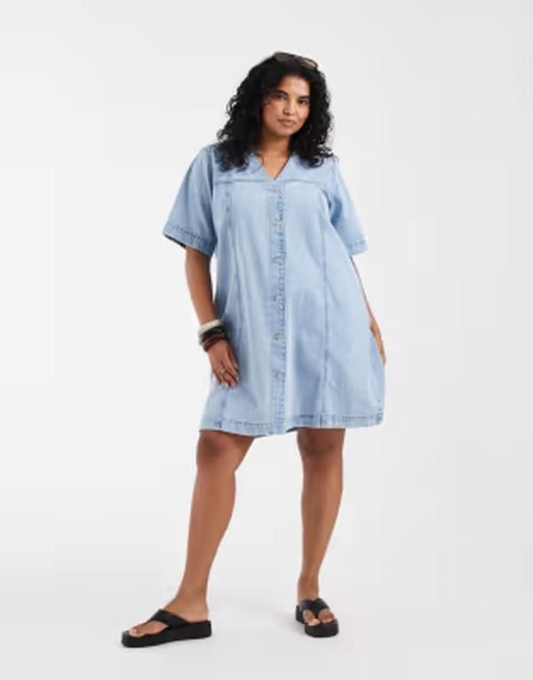 ヴェロモーダ レディース トップス ワンピース ミニ デニム Vero Moda Curve short sleeve button front denimini dress in light blue wash Light Blue Denim デニム