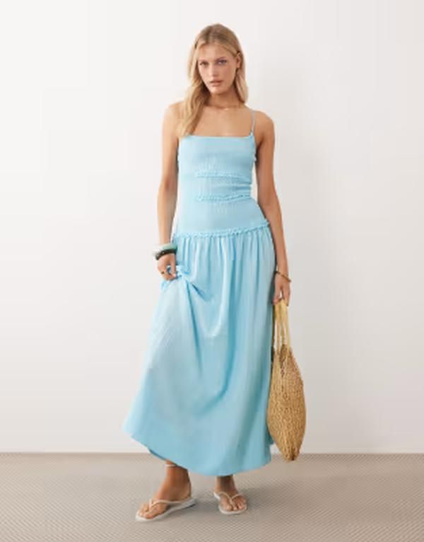 エイソス レディース トップス ワンピース マキシ ASOS DESIGN crinkle maxi sundress with shirredropped waist in tropical turquoise Tropical Turquoise ターコイ