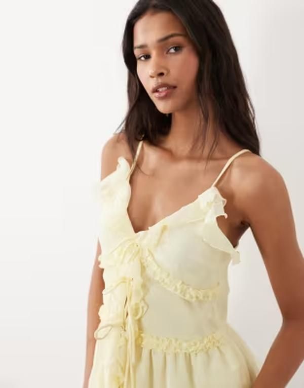 ヴィラ レディース トップス シャツ VILA tie front cami top with frill trim in pastel yellow Pastel Yellow イエロー