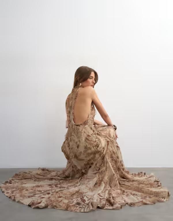 トップショップ レディース トップス ワンピース オープンバック アニマル柄 ハイネック プリント マキシ Topshopremium embellished high neck open back maxi dress inatural abstract a