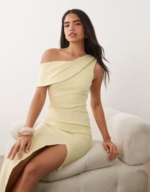ベスパー レディース トップス ワンピース ドレープ マキシ Vesper bengaline drape off shoulder maxi dress in lemon