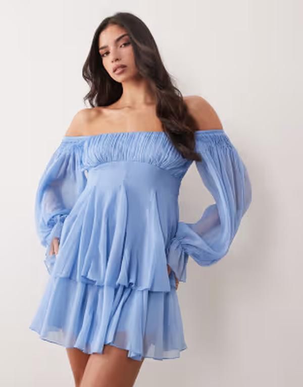 エイソス レディース トップス ワンピース ミニ ASOS DESIGN double layer off the shoulder godet mini dress BLUE ブルー