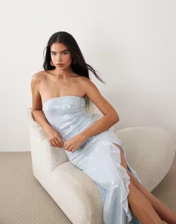 タイガーミスト レディース トップス ワンピース フリル スパンコール マキシ Tiger Mistheo sequin bandeau ruffle detail thigh slit maxi dress in ice blue ブルー