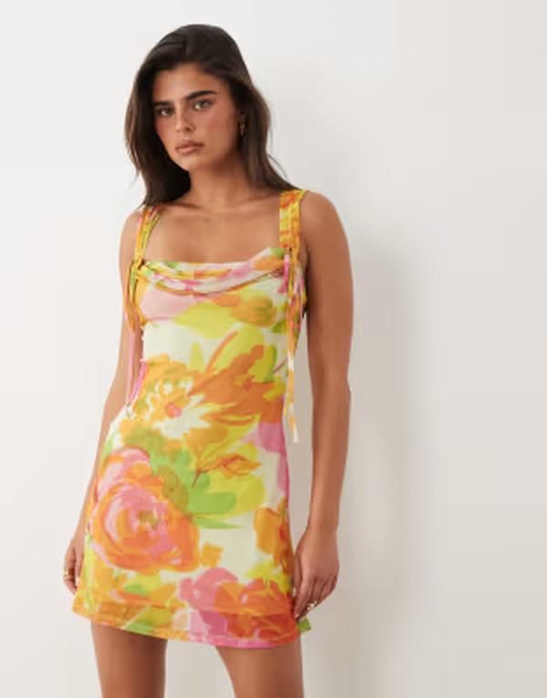 エイソス レディース トップス ワンピース タイディテール フラワー柄 ミニ メッシュ フラワー ASOS DESIGN mesh square neck mini dress with soft cowl and tie detail in bright f