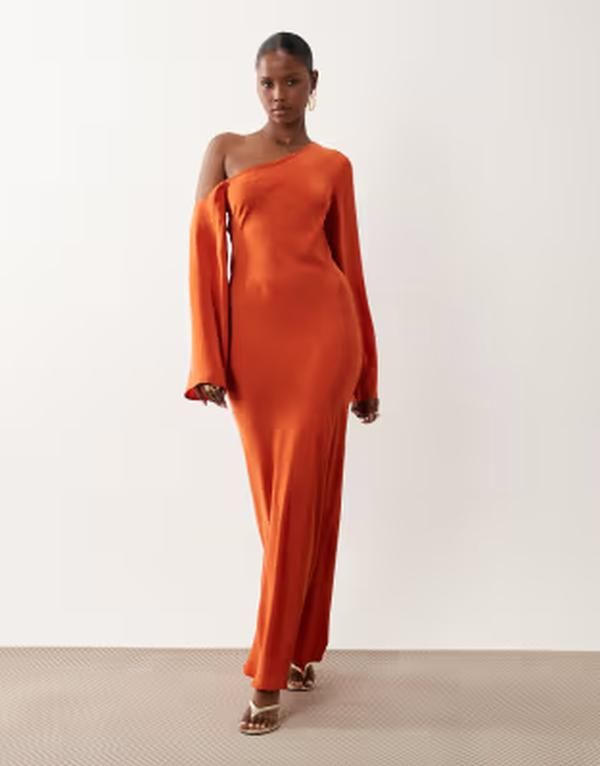 エイソス レディース トップス ワンピース マキシ ASOS DESIGN fallen shoulder long sleeve column maxi dress in rust ラスト