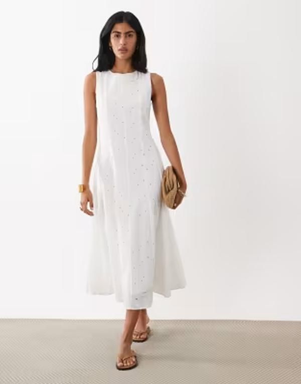 マンゴ レディース トップス ワンピース ミディ コットン 刺繍 Mango 100 cotton boat neck embroidered midi dress WHITE ホワイト