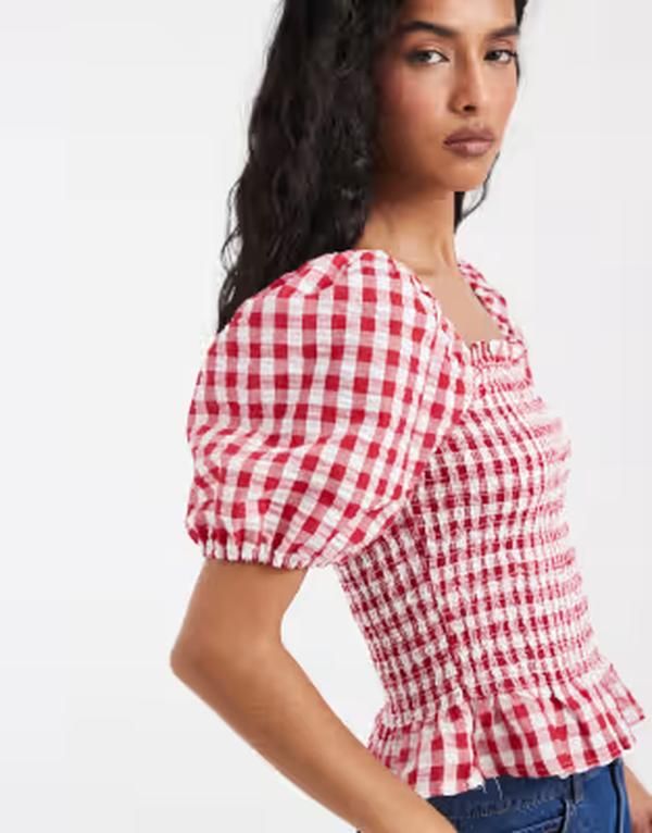 ヴェロモーダ レディース トップス シャツ ギンガムチェック プリント ギンガム Vero Moda shirred bodice puff sleeve crop top gingham print Crimson plaid クリムゾン