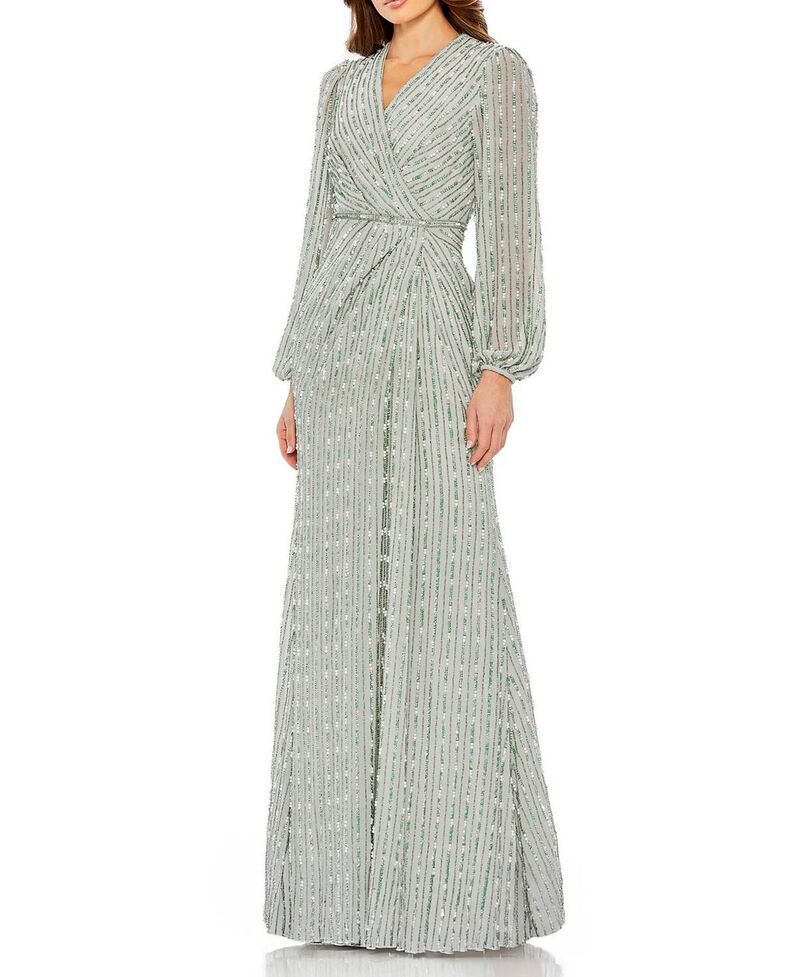 マックダガル レディース トップス ワンピース Vネック スパンコール Mac Duggal SequinEmbellished Long Sleeve VNeck Eveningown Sage セージ