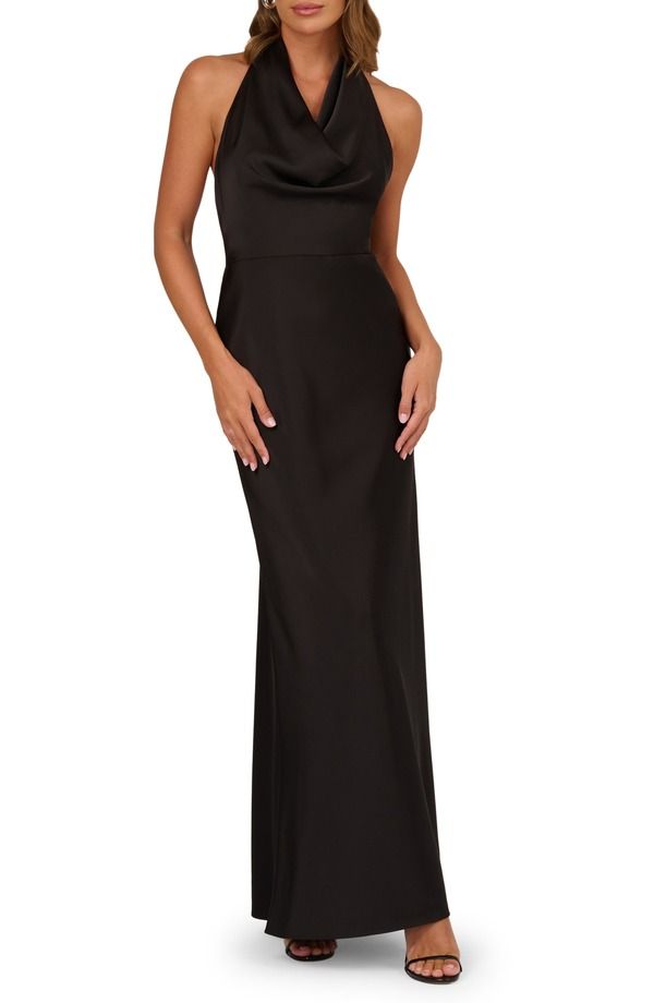 アドリアナ パペル レディース トップス ワンピース オープンバック サテン Adrianna Papell Cowl Neck Open Back Satin Gown Black ブラック