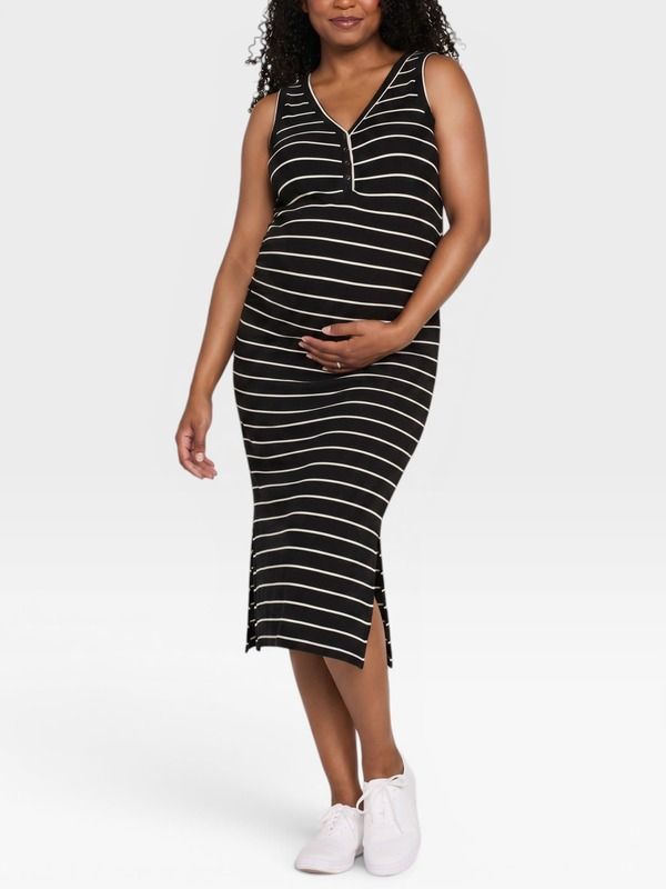 マザーフッドマタニティー レディース トップス ワンピース ミディ ノースリーブ MOTHERHOOD MATERNITY Sleeveless Henley Racerback Maternity Midi Dress Vanilla Black Strip