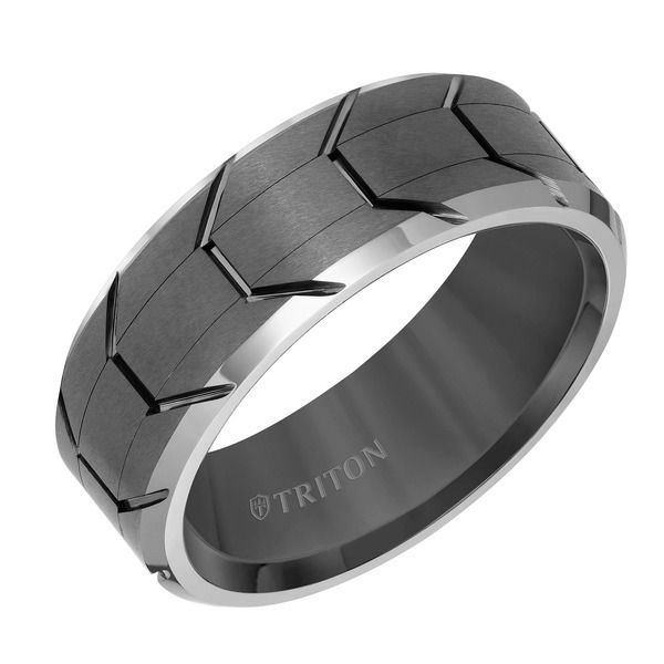 トリトン レディース アクセサリー 指輪 Triton 8MM Tungsten Carbide Ring with Gunmetal Tire Tread Center and Bevel Edge Metallic Silver シルバー