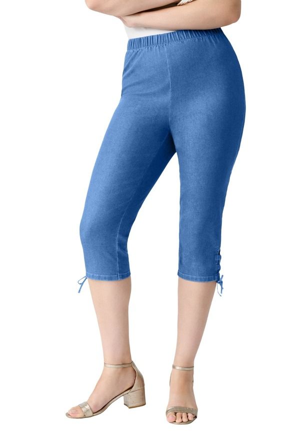 ロアマンズ レディース ボトムス カジュアルパンツ プラスサイズ キャップ レース Roamans Plusize Comfort Stretch Lace Up Capri Jean Light Stonewash