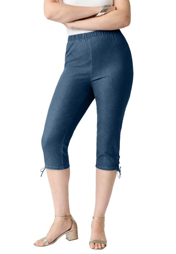 ロアマンズ レディース ボトムス カジュアルパンツ プラスサイズ キャップ レース Roamans Plusize Comfort Stretch Lace Up Capri Jean Medium Stonewash