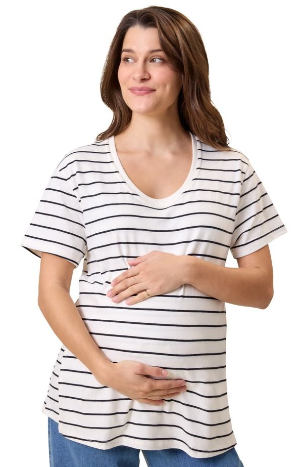 キンドリッド ブレイブリー レディース トップス シャツ コットン マタニティ Kindred Bravely Relaxed Cotton Scoop Neck Maternity Nursing Tee Black White Stripe ホワイト