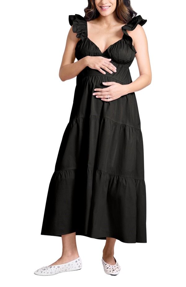 マザーフッドマタニティー レディース トップス ワンピース フリル マキシ MOTHERHOOD MATERNITY Ruffle Sleeve TieBack Maternity Maxi Dress Black ブラック