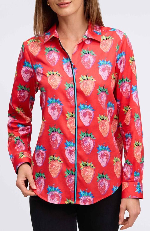 フォックスクラフト レディース トップス シャツ プリント コットン Foxcroft Charlie Strawberry Print Cotton ButtonUp Shirt Red Multi レッド