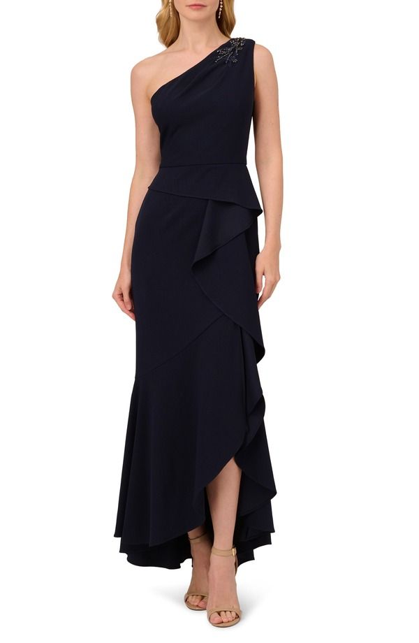 アドリアナ パペル レディース トップス ワンピース クレープ ワンショルダー Adrianna Papell Beaded OneShoulder Crepe Gown Midnight