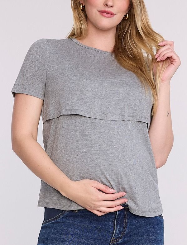 マザーフッドマタニティー レディース トップス シャツ クルーネック MOTHERHOOD MATERNITY Crewneck Short Sleeve Nursing Tee Heather Grey グレー