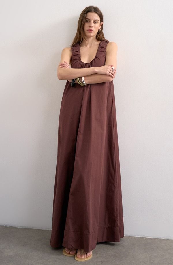 トップショップ レディース トップス ワンピース ギャザー コットン マキシ Topshop Ruched Cotton Poplin Maxi Dress Brown ブラウン