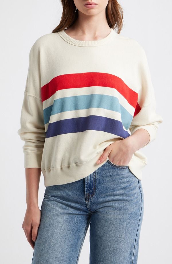 ザ・グレート レディース アウター パーカー・スウェット シャツ THE GREAT The Teammate Stripe Sweatshirt Washed White ホワイト