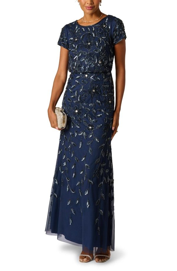 アドリアナ パペル レディース トップス ワンピース メッシュ Adrianna Papell Beaded Mesh Gown Light Navy ネイビー