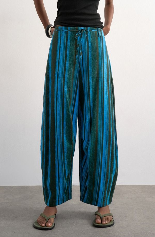 トップショップ レディース ボトムス レギンス パンツ リネン Topshop Stripe Linen Blend Barrel Pants Mblue ストライプ 19,595円