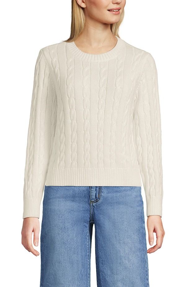 ランズエンド レディース アウター パーカー・スウェット クルーネック セーター コットン Lands End Cotton Cable Drifter Crewneck Sweater Fresh Ivory アイボリー